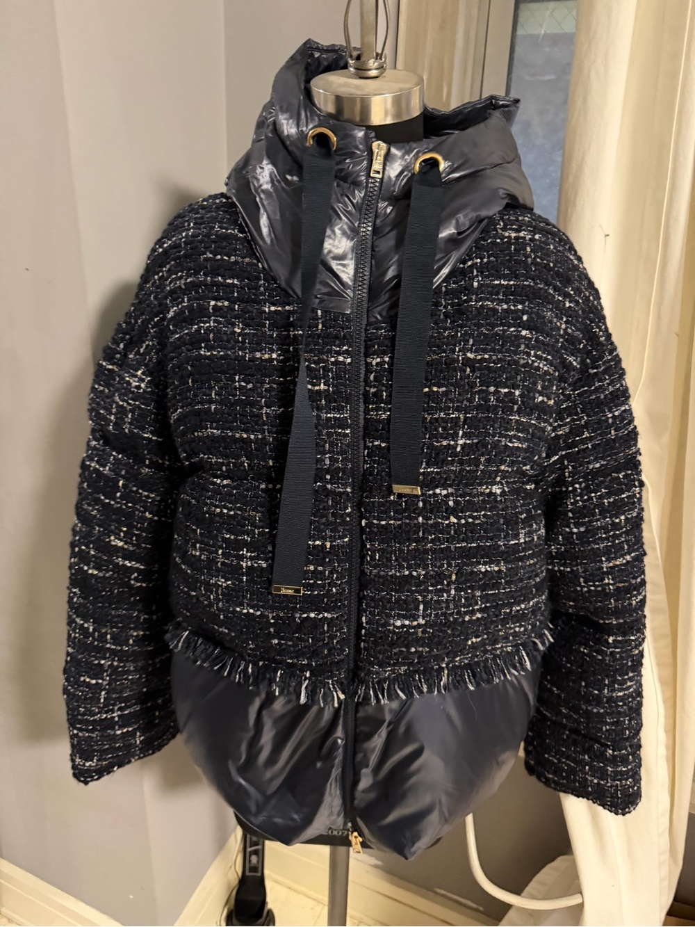 Herno Navy and Black Tweed Puffer Jacket